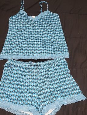 MIS/ Size Medium Apparel Blue Retro Geometric Lace Trim Cami & Shorts Pajama Set